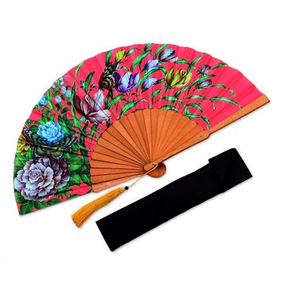 Alternate image for Floral Silk Hand Fan in Strawberry from Bali Passionate Garden