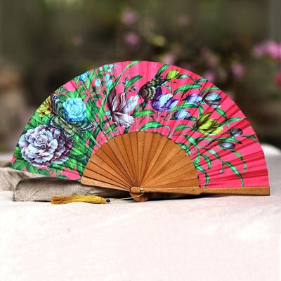 Alternate image for Floral Silk Hand Fan in Strawberry from Bali Passionate Garden