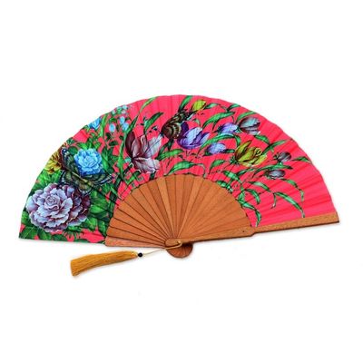 Alternate image for Floral Silk Hand Fan in Strawberry from Bali Passionate Garden