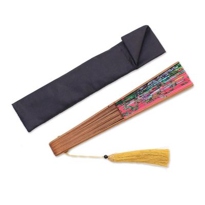 Alternate image for Floral Silk Hand Fan in Strawberry from Bali Passionate Garden