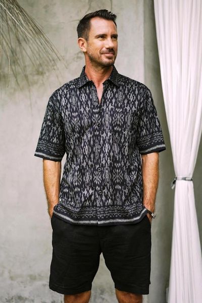Alternate image for Hand Crafted Mens Grey and Black Ikat Shirt Grey Patra