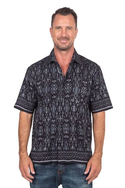 Alternate image for Hand Crafted Mens Grey and Black Ikat Shirt Grey Patra