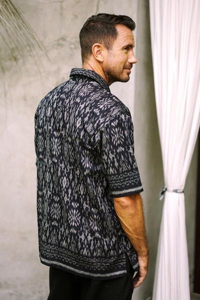 Alternate image for Hand Crafted Mens Grey and Black Ikat Shirt Grey Patra