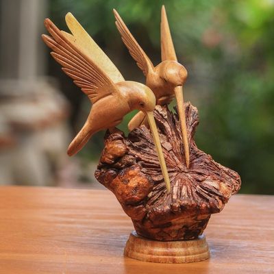Alternate image for Hand Carved Jempinis Wood Hummingbird Sculpture from Bali Hummingbird Couple