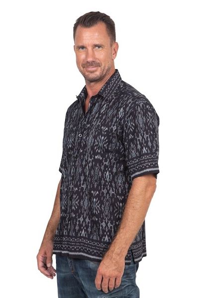 Alternate image for Hand Crafted Mens Grey and Black Ikat Shirt Grey Patra