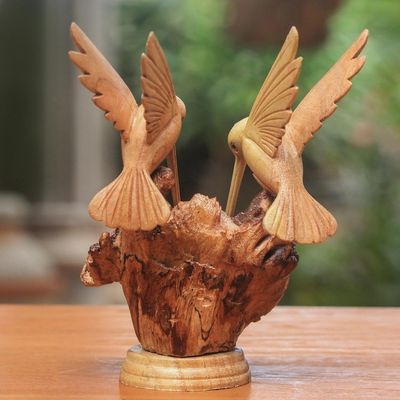 Alternate image for Hand Carved Jempinis Wood Hummingbird Sculpture from Bali Hummingbird Couple