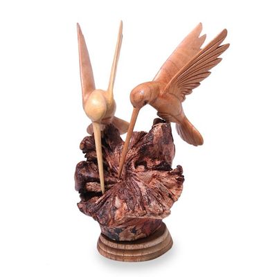 Alternate image for Hand Carved Jempinis Wood Hummingbird Sculpture from Bali Hummingbird Couple
