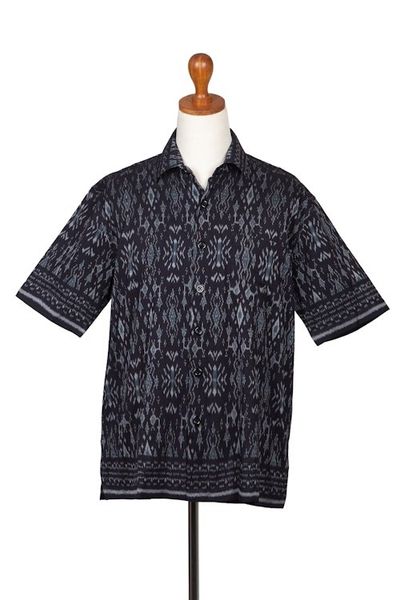 Alternate image for Hand Crafted Mens Grey and Black Ikat Shirt Grey Patra