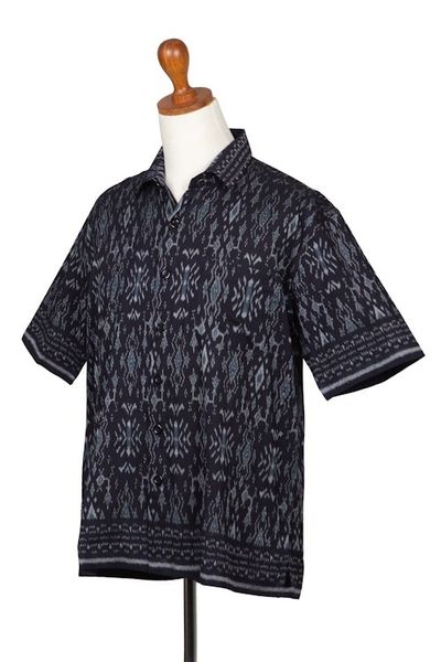Alternate image for Hand Crafted Mens Grey and Black Ikat Shirt Grey Patra