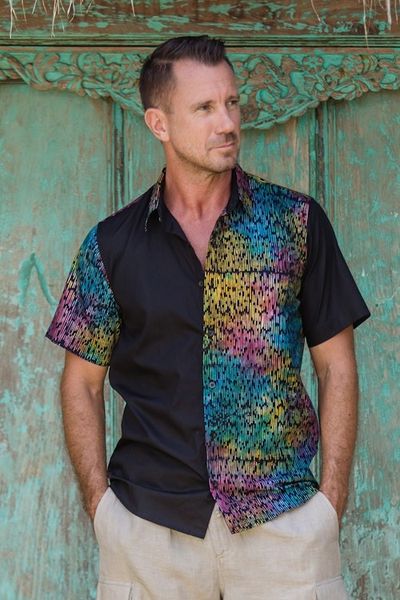 Alternate image for Mens Batik Cotton Shirt with Colorful Pattern from Bali Colorful Bridge