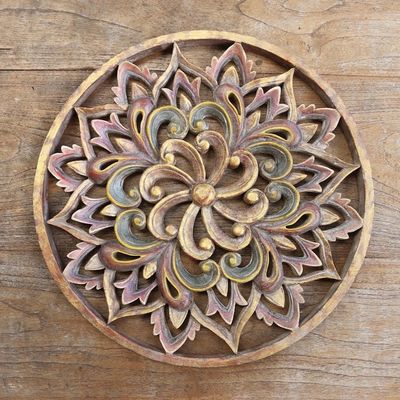 Alternate image for Hand Carved Suar Wood Floral Relief Panel Twilight Flower