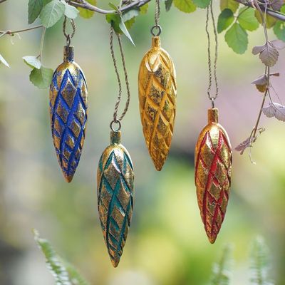 Alternate image for Four Handcrafted Gold Tone Albesia Wood Ornaments from Bali Golden Cones
