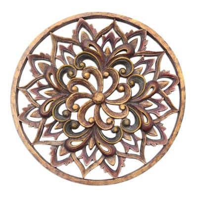 Alternate image for Hand Carved Suar Wood Floral Relief Panel Twilight Flower