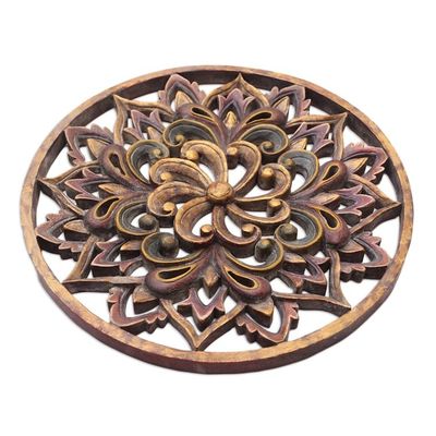 Alternate image for Hand Carved Suar Wood Floral Relief Panel Twilight Flower