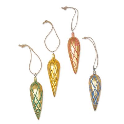 Alternate image for Four Handcrafted Gold Tone Albesia Wood Ornaments from Bali Golden Cones