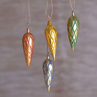 Alternate image for Four Handcrafted Gold Tone Albesia Wood Ornaments from Bali Golden Cones