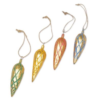 Alternate image for Four Handcrafted Gold Tone Albesia Wood Ornaments from Bali Golden Cones