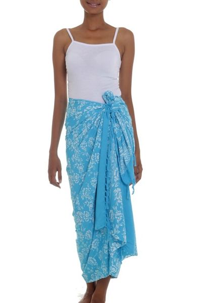 Alternate image for Cerulean Blue Rayon Batik Sarong with Fringed Ends Tropical Garden in Cerulean