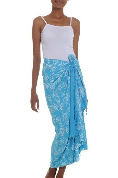 Alternate image for Cerulean Blue Rayon Batik Sarong with Fringed Ends Tropical Garden in Cerulean