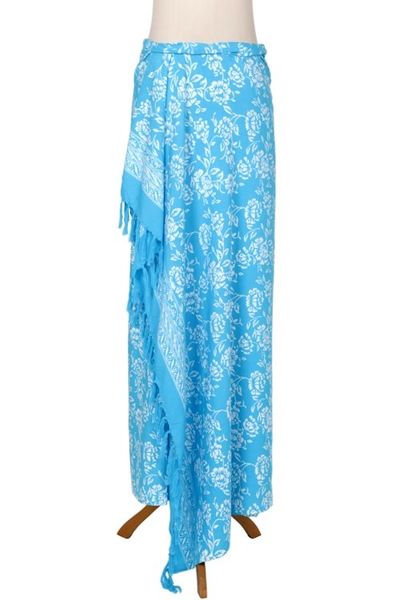Alternate image for Cerulean Blue Rayon Batik Sarong with Fringed Ends Tropical Garden in Cerulean