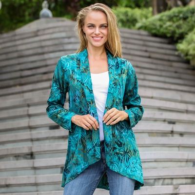 Alternate image for Long Sleeve Womens Rayon Jacket with Teal Floral Print Kenanga