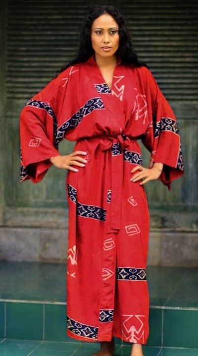 Alternate image for Womens Artisan Crafted Batik Patterned Cardinal Red Robe Cardinal Red