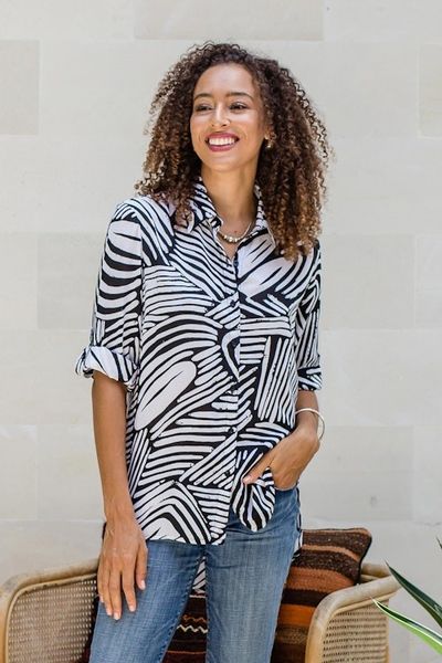 Alternate image for Silk-Screened Rayon Collared Shirt Palm Leaf in Black
