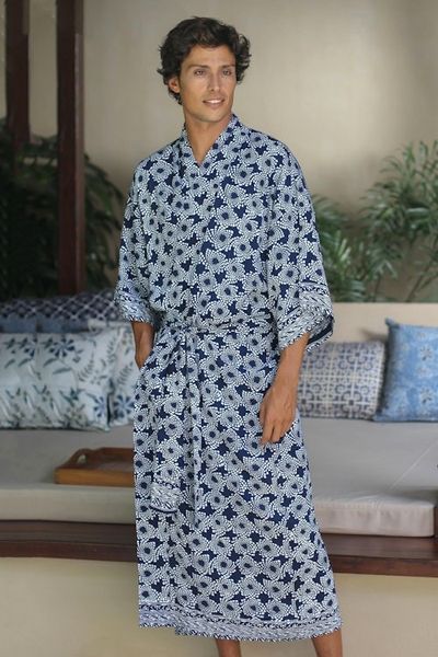 Alternate image for Mens Batik Robe from Indonesia Navy Blue Nebula