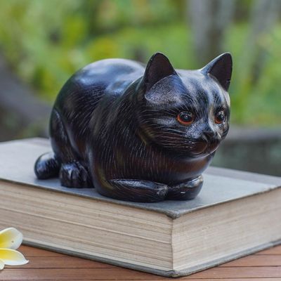 Alternate image for Hand Carved Suar Wood Cat Statuette Fat Cat in Black