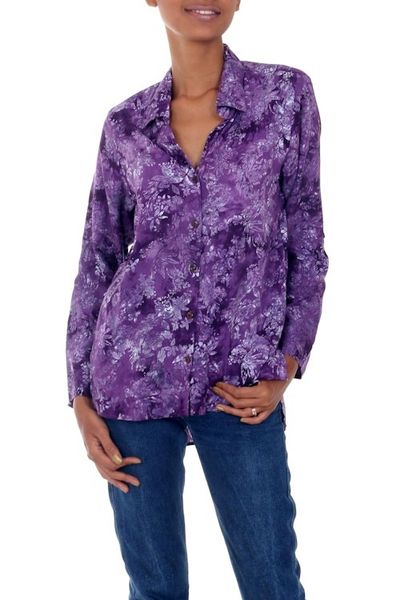 Alternate image for Hand Stamped Purple Floral Batik Rayon Shirt for Women Purple Lily
