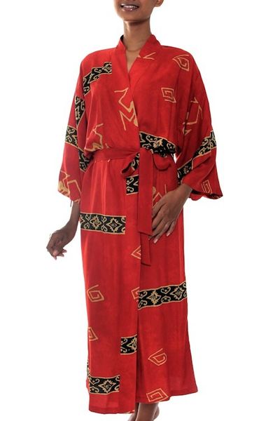 Alternate image for Womens Artisan Crafted Batik Patterned Cardinal Red Robe Cardinal Red