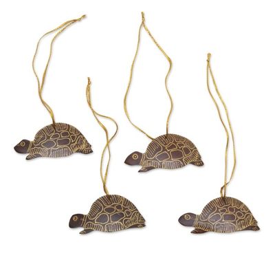 Alternate image for Set of 4 Handmade Brown Coconut Shell Turtle Ornaments Royal Turtle