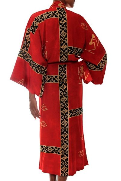 Alternate image for Womens Artisan Crafted Batik Patterned Cardinal Red Robe Cardinal Red