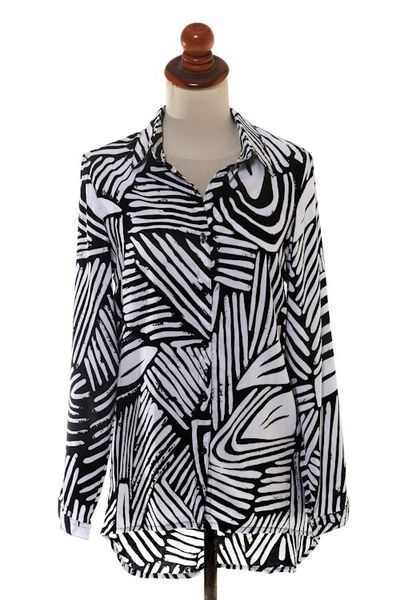 Alternate image for Silk-Screened Rayon Collared Shirt Palm Leaf in Black