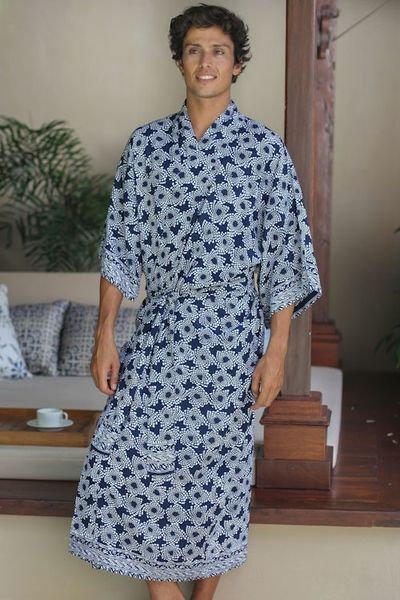 Alternate image for Mens Batik Robe from Indonesia Navy Blue Nebula