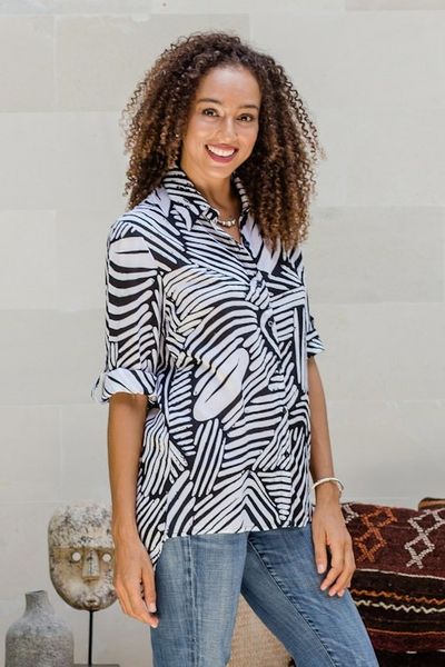 Alternate image for Silk-Screened Rayon Collared Shirt Palm Leaf in Black