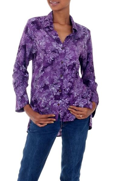 Alternate image for Hand Stamped Purple Floral Batik Rayon Shirt for Women Purple Lily