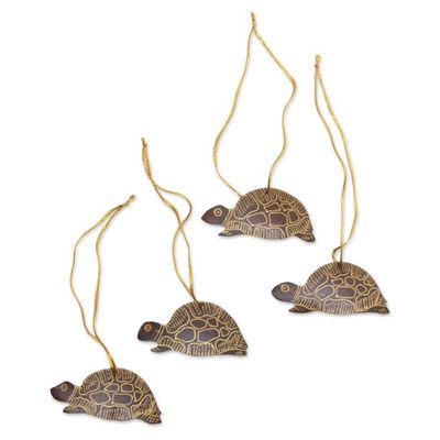 Alternate image for Set of 4 Handmade Brown Coconut Shell Turtle Ornaments Royal Turtle