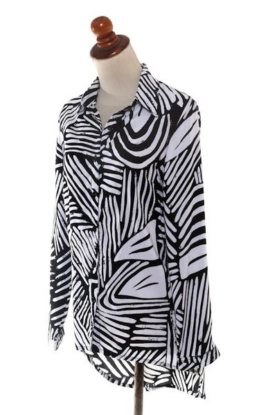 Alternate image for Silk-Screened Rayon Collared Shirt Palm Leaf in Black