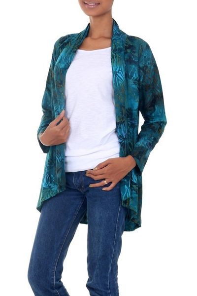Alternate image for Long Sleeve Womens Rayon Jacket with Teal Floral Print Kenanga