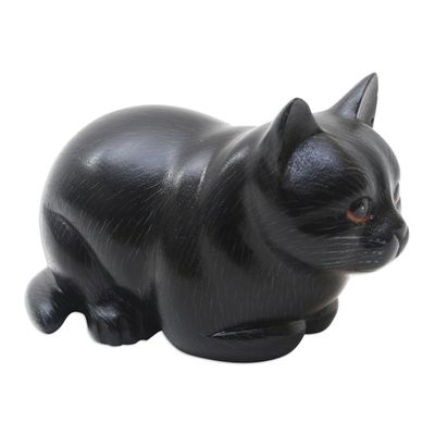 Alternate image for Hand Carved Suar Wood Cat Statuette Fat Cat in Black