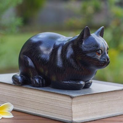 Alternate image for Hand Carved Suar Wood Cat Statuette Fat Cat in Black