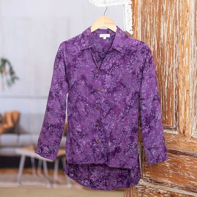 Alternate image for Hand Stamped Purple Floral Batik Rayon Shirt for Women Purple Lily
