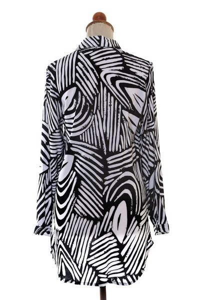 Alternate image for Silk-Screened Rayon Collared Shirt Palm Leaf in Black