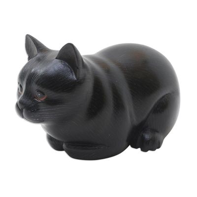 Alternate image for Hand Carved Suar Wood Cat Statuette Fat Cat in Black