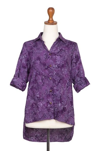 Alternate image for Hand Stamped Purple Floral Batik Rayon Shirt for Women Purple Lily