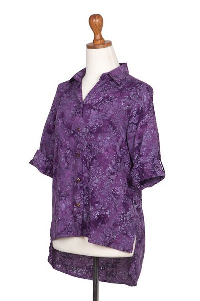 Alternate image for Hand Stamped Purple Floral Batik Rayon Shirt for Women Purple Lily
