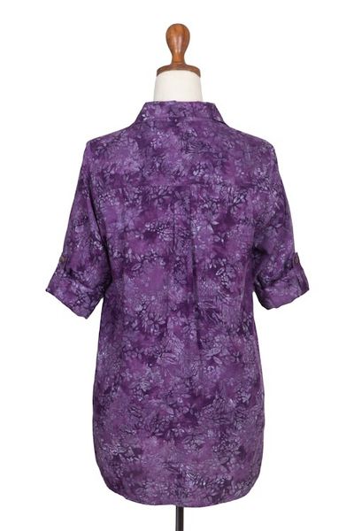 Alternate image for Hand Stamped Purple Floral Batik Rayon Shirt for Women Purple Lily