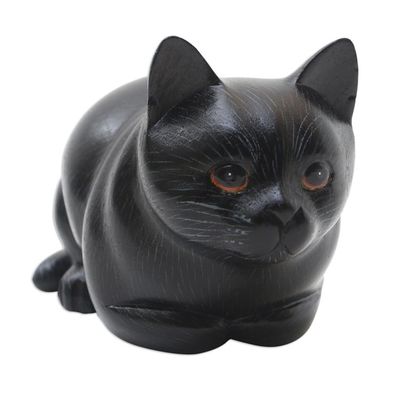Alternate image for Hand Carved Suar Wood Cat Statuette Fat Cat in Black