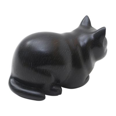 Alternate image for Hand Carved Suar Wood Cat Statuette Fat Cat in Black